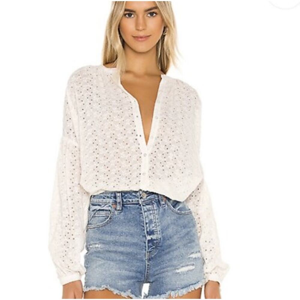 Free People Maddison Eyelet Cotton Blouse Ivory white Oversized Balloon XL - Picture 13 of 15